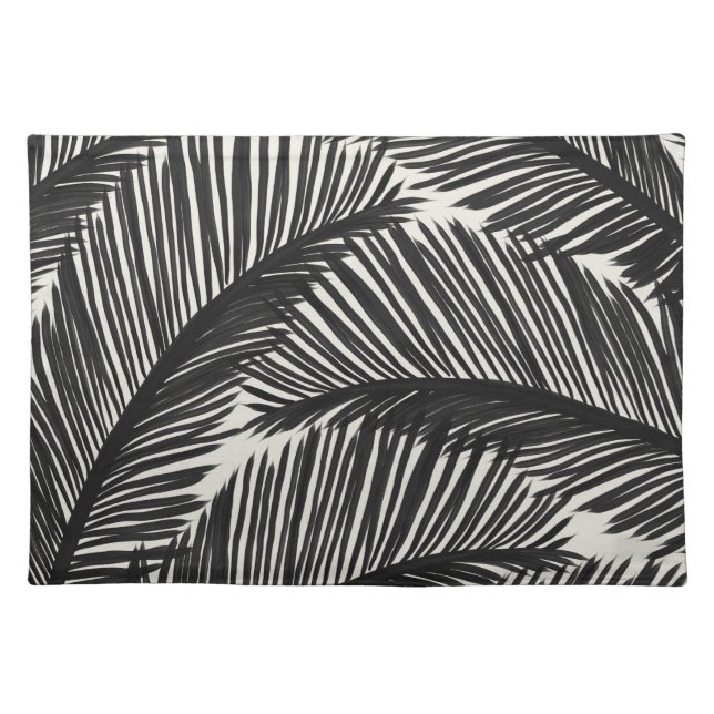 Modern Black Palm Leaf Tropical Pattern Cloth Placemat (Front)