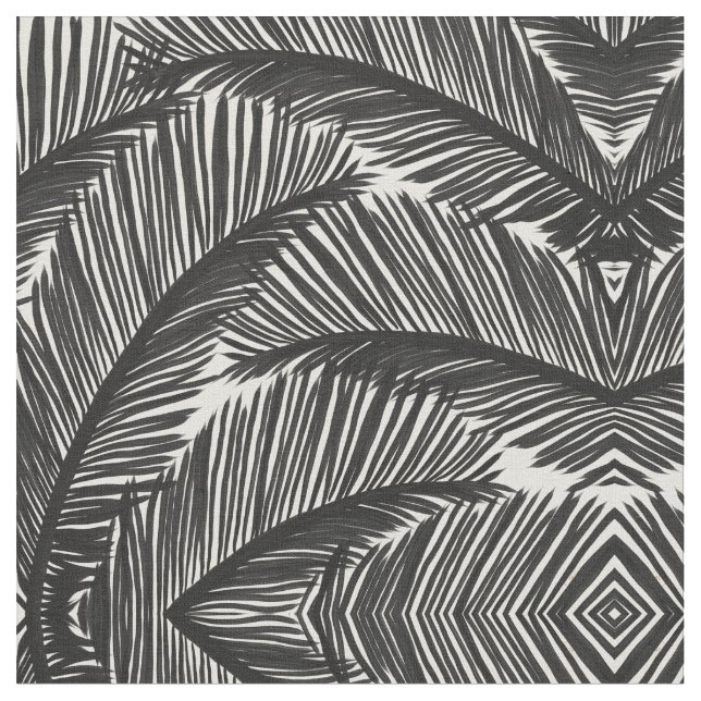 Modern Black Palm Leaf Tropical Pattern Fabric (Close Up)