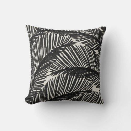 Modern Black Palm Leaf Tropical Pattern Throw Pillow