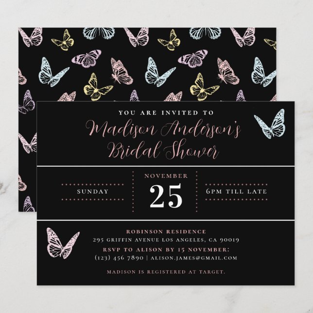 Modern Black Pastel Butterfly Print Bridal Shower Invitation (Front/Back)