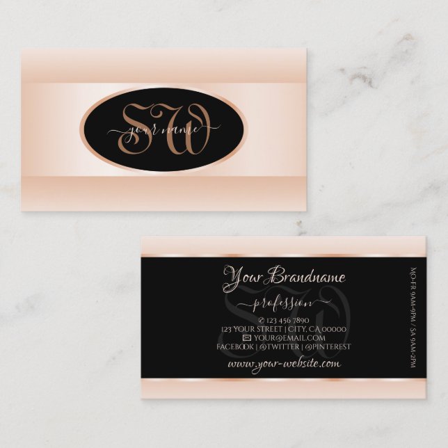 Modern Black Pastel Pink Ombre Oval Frame Initials Business Card (Front/Back)
