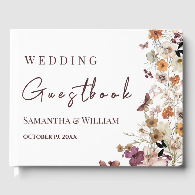 Modern Black Pastel Wildflower Boho Wedding Guest Book (Front)