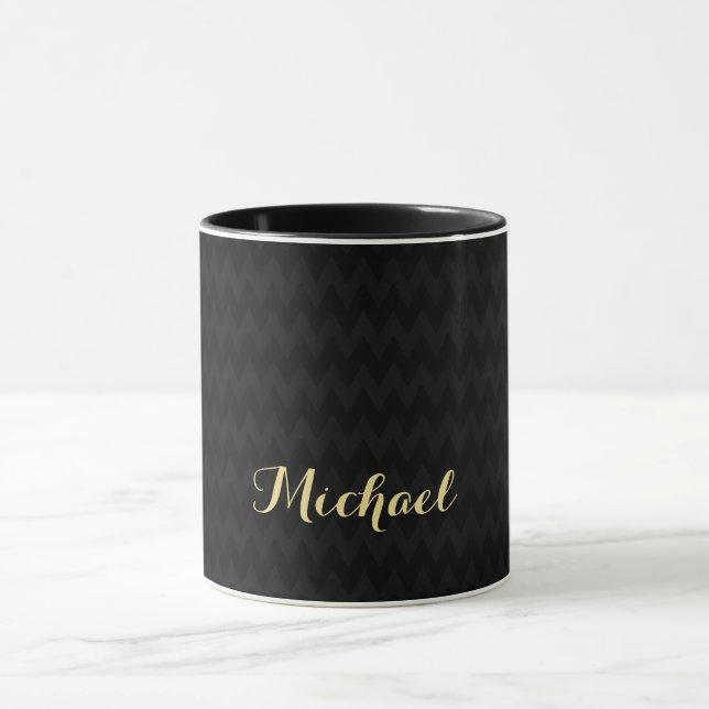 Modern Black Pattern Elegant Faux Gold Custom Name Mug (Center)