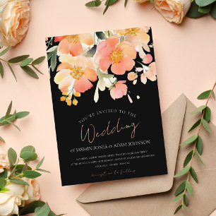 Modern Black Peach Floral Wedding Invitation