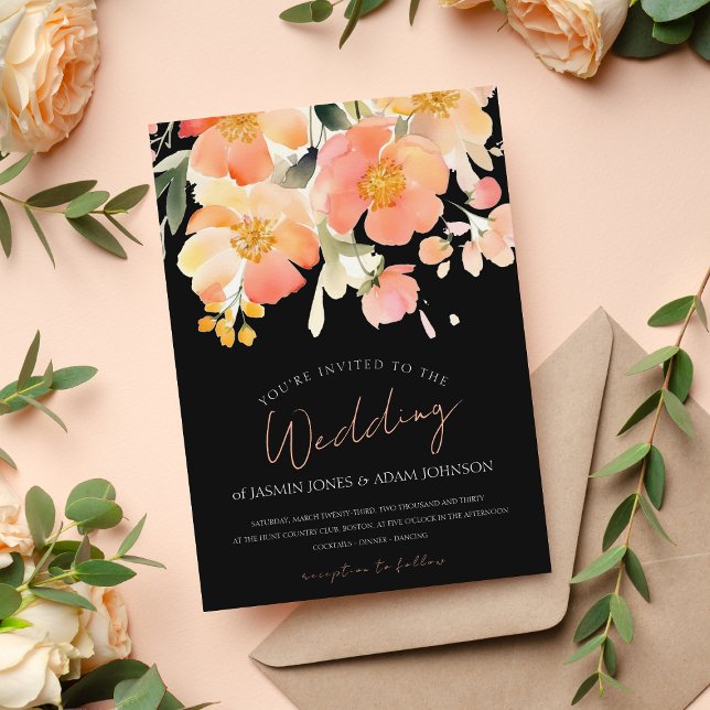 Modern Black Peach Floral Wedding Invitation (Creator Uploaded)