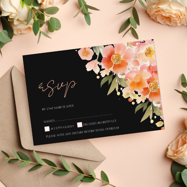 Modern Black Peach Floral Wedding RSVP (Creator Uploaded)