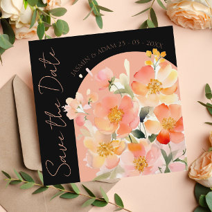 Modern Black Peach Floral Wedding Save The Date