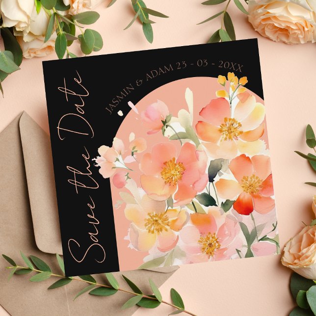 Modern Black Peach Floral Wedding Save The Date (Creator Uploaded)