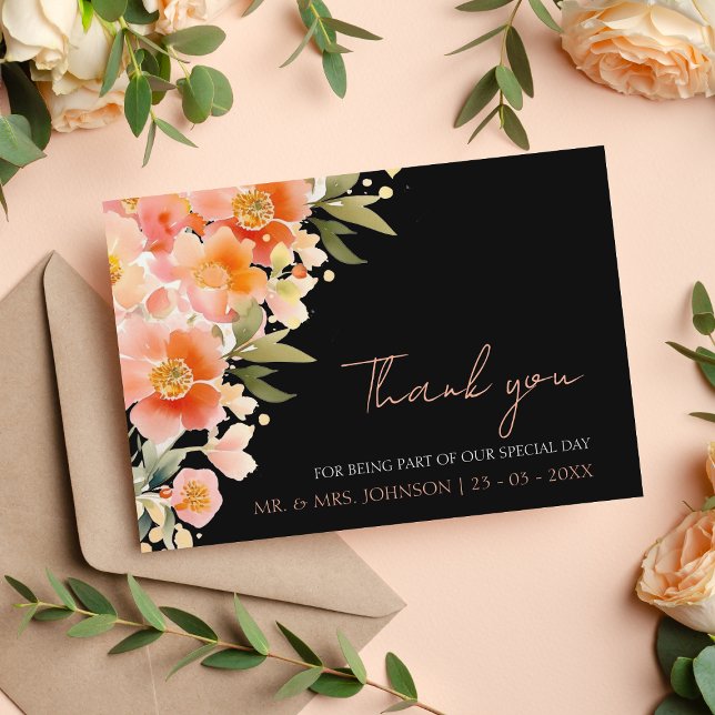 Modern Black Peach Floral Wedding Thank You (Creator Uploaded)