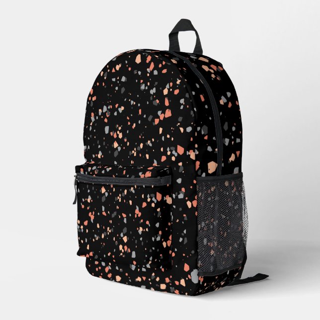 Modern Black Peach Geometric Terrazzo Printed Backpack (Back Corner Right)