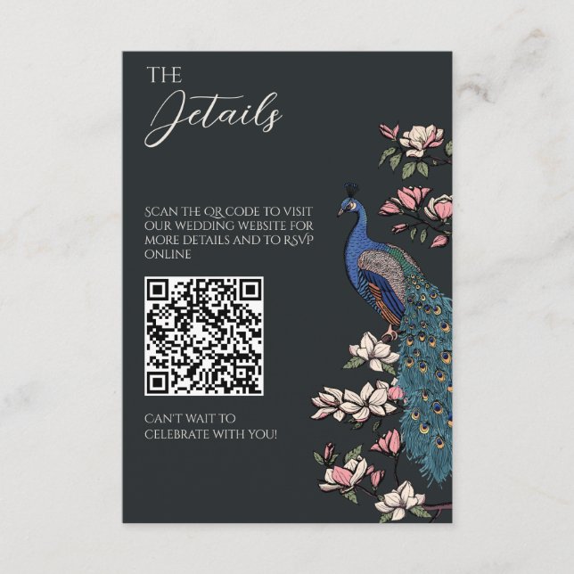 Modern Black Peacock Wedding Details QR Code Enclosure Card (Front)
