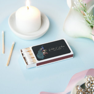 Modern Black Peacock Wedding Matchboxes