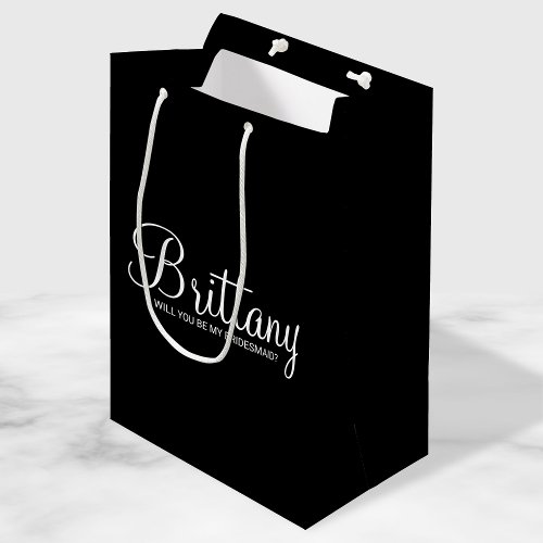 Modern Black Personalized Bridesmaid Proposal Medium Gift Bag