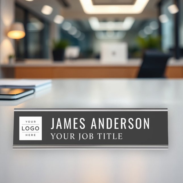 Modern Black Personalized Logo Employee Desk Name Plate (Creator Uploaded)
