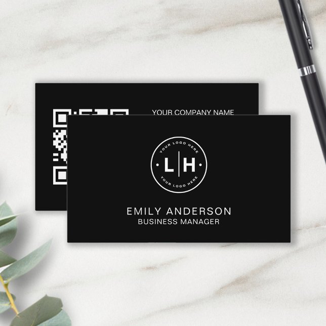 Modern Black Personalized Logo QR Business Card (Black Modern Minimal Custom Logo QR code Business Card by MINTIC DESIGN STUDIO)