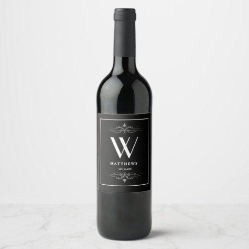 Modern Black Personalized Monogram and Name Wine L Wine Label