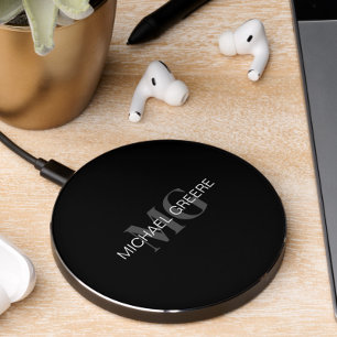 Modern Black Personalized Wireless Charger