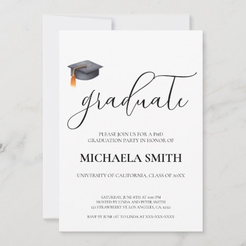 Modern Black PhD University Graduation Party Invitation