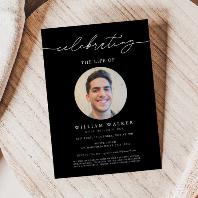 Modern Black Photo Celebrating The Life  Invitation (Creator Uploaded)