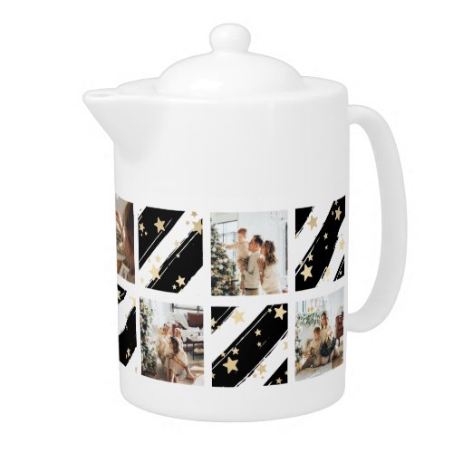 Modern Black Photo Collage Christmas Holiday Teapot