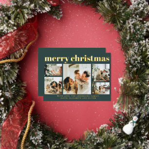 Modern Black Photo Collage Minimal Green Christmas Foil Holiday Card