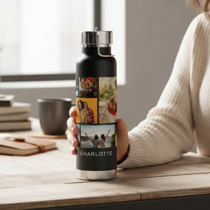 Modern Black Photo Collage Personalized Name Water Bottle