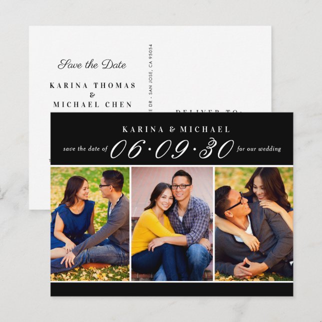 Modern Black Photo Collage Save the Date Announcement Postcard (Front/Back)