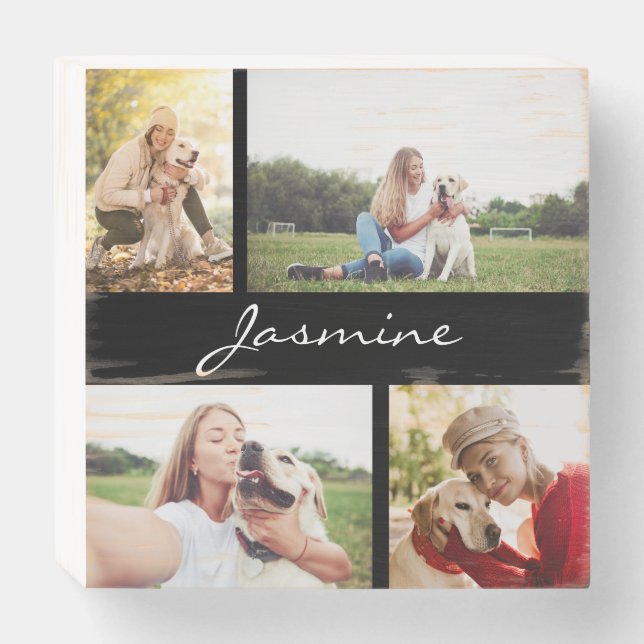 Modern Black Photo Collage Wooden Box Sign (Front Horizontal)