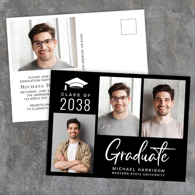 Modern Black Photo Graduation Party Invitation Postcard (Modern Black Photo Graduation Party Invitation Postcard)