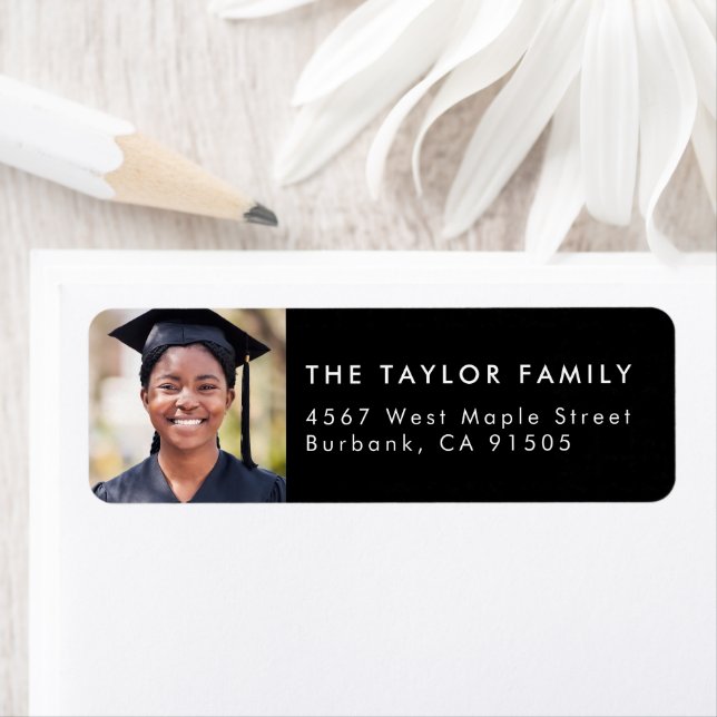 Modern Black Photo Graduation Return Address Label (Insitu)