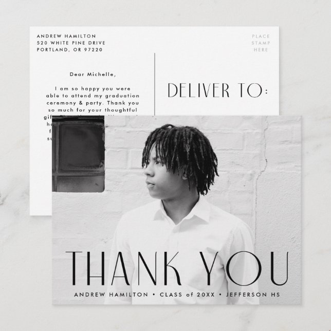 Modern Black Photo Graduation Thank You Postcard (Front/Back)