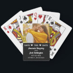 Modern Black Photo Heart Save the Date Poker Cards<br><div class="desc">Share your engagement photo and save the date on a fun, functional playing card deck your guests will treasure. The sleek black color block design features a photo area at the top with a charming "Save the Date" header accented by heart icons, the couple's names in elegant calligraphy script, wedding...</div>