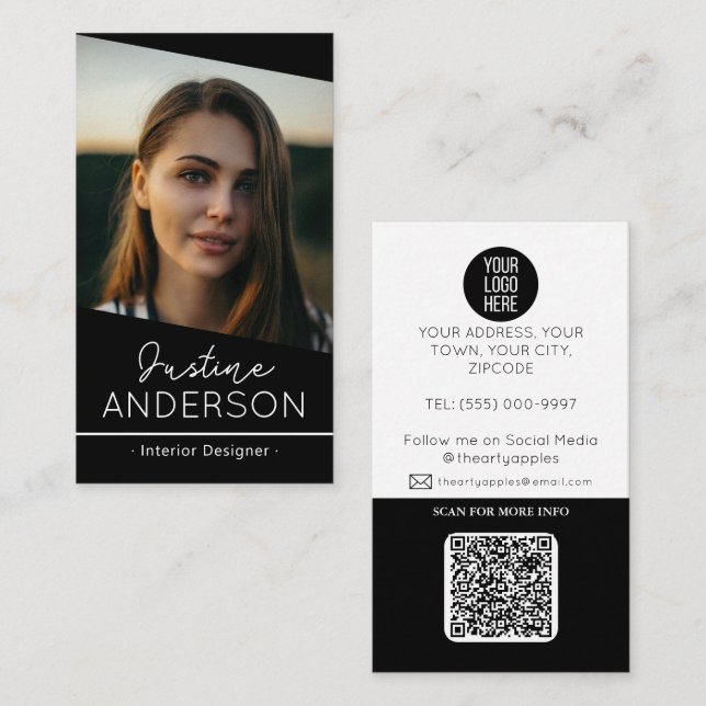 modern black Photo logo QR code professional Business Card (Front/Back)