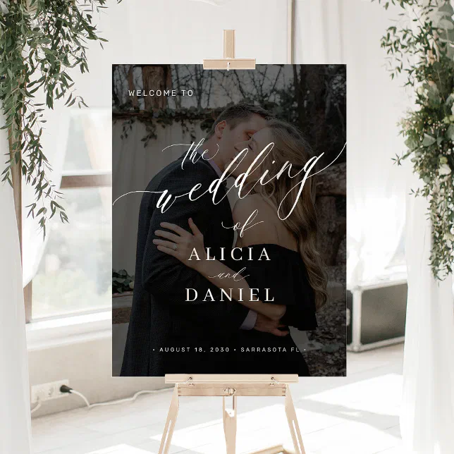 Modern black photo script wedding welcome sign | Zazzle