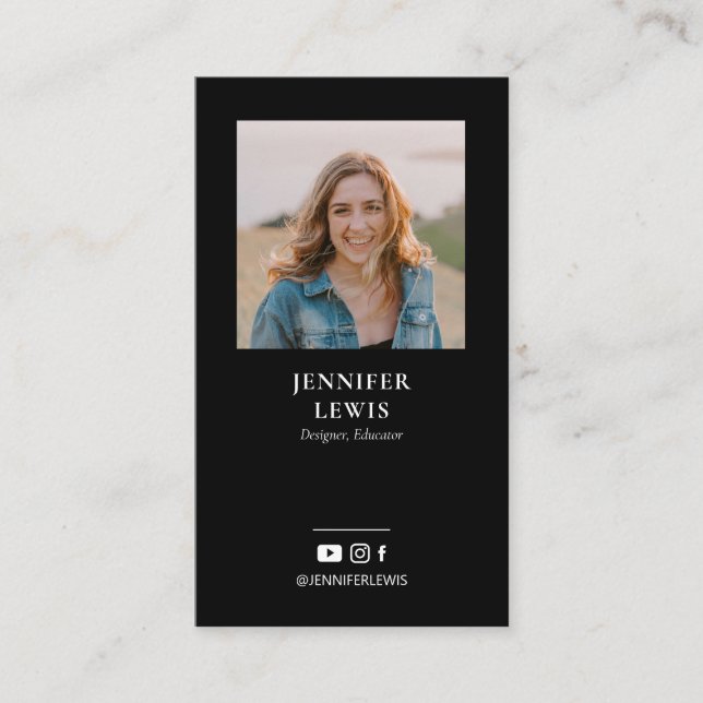 Modern Black Photo Social Media Business Cards (Front)