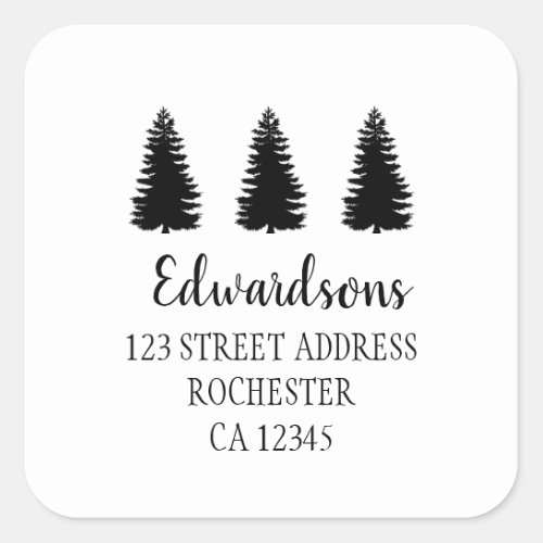 Modern black pine trees family name return address square sticker