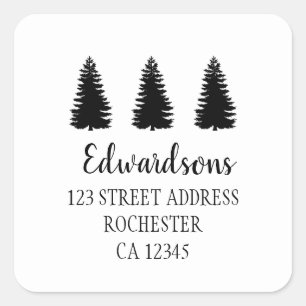 Modern black pine trees family name return address square sticker