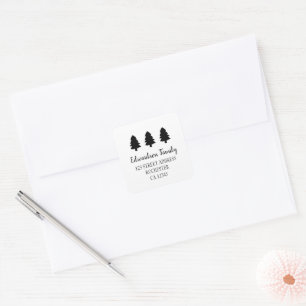 Modern black pine trees family name return address square sticker