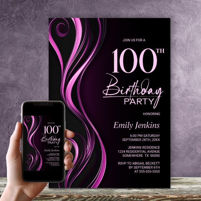 Modern Black Pink 100th Birthday Party Invitation (Creator Uploaded)