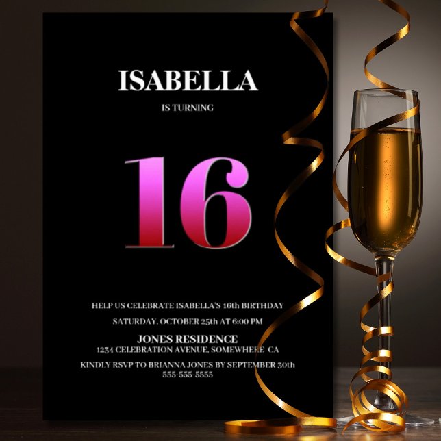 Modern Black Pink 16th Birthday Party Invitation (Creator Uploaded)