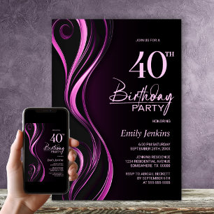 Modern Black Pink 40th Birthday Party Invitation