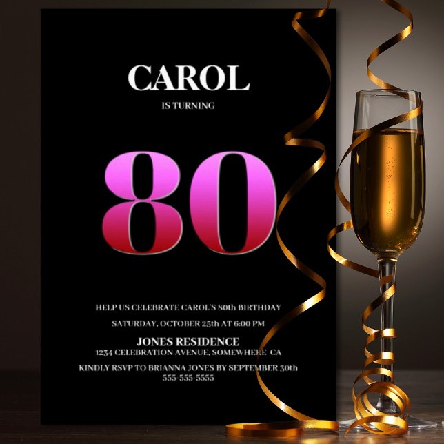 Modern Black Pink 80th Birthday Party Invitation (Creator Uploaded)