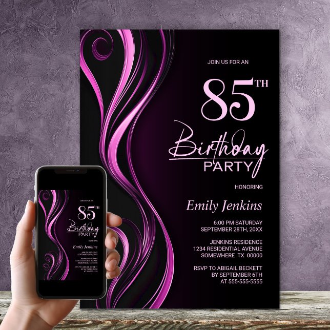 Modern Black Pink 85th Birthday Party Invitation (Creator Uploaded)