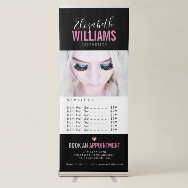 Modern Black Pink Beauty Salon Store Retractable Banner (Front)