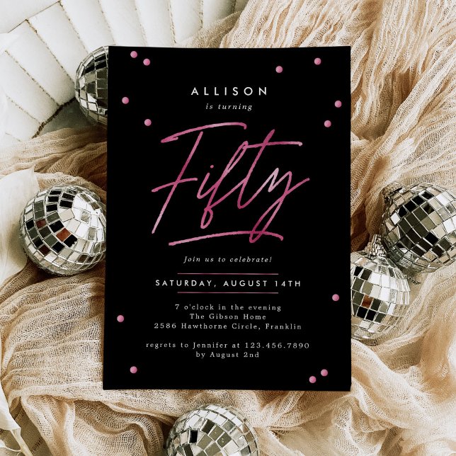 Modern Black Pink Calligraphy 50th Birthday Invitation (Creator Uploaded)