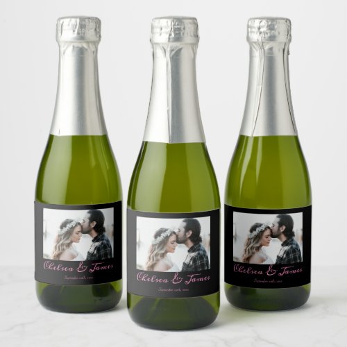 Modern Black Pink Calligraphy Photo Wedding Mini  Sparkling Wine Label
