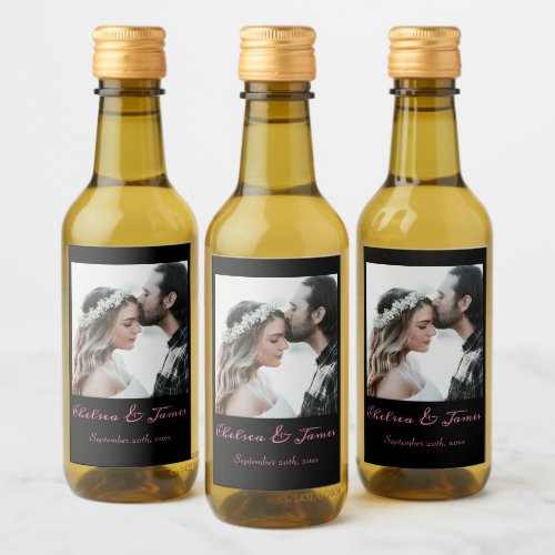 Modern Black  Pink Calligraphy Wedding Photo Wine Label