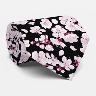 Modern Black Pink Cherry Blossom Floral Pattern Neck Tie