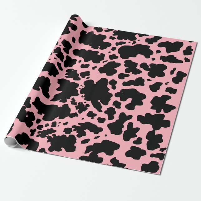 Modern Black Pink Cow Skin Texture Animal Print  Wrapping Paper (Unrolled)