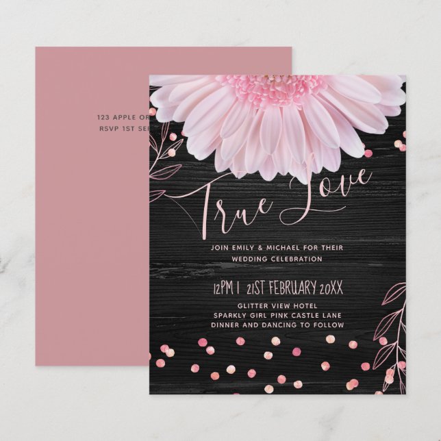 Modern Black Pink Daisy Wedding (Front/Back)